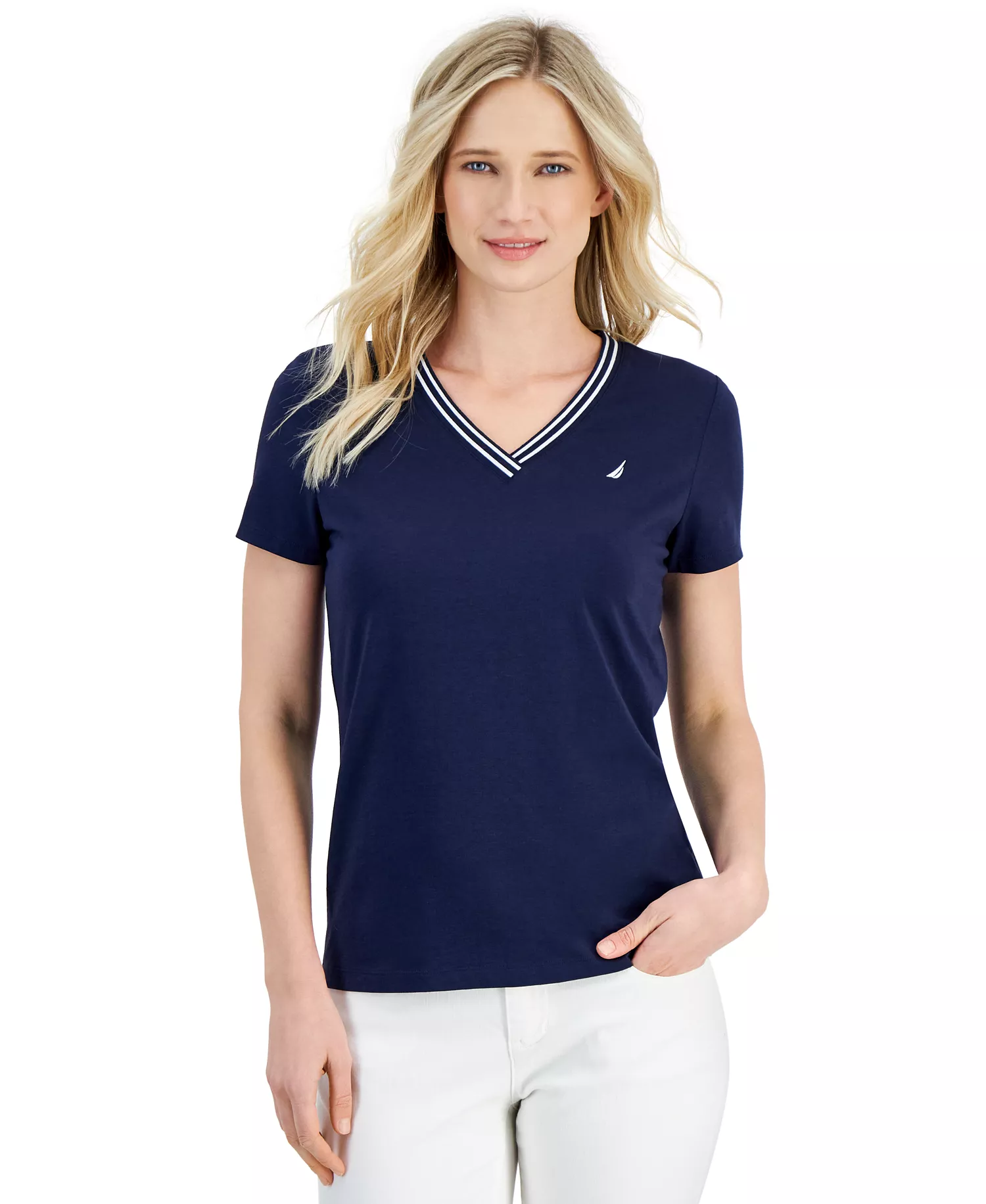 mni-25977bf803bf05dab620e0c17f95b5a9 Women's Solid Stripe-Trim V-Neck — изображение 3