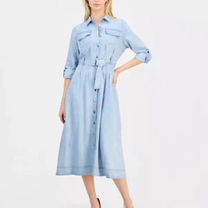 Women's Roll-Sleeve Denim Midi Shirtdress