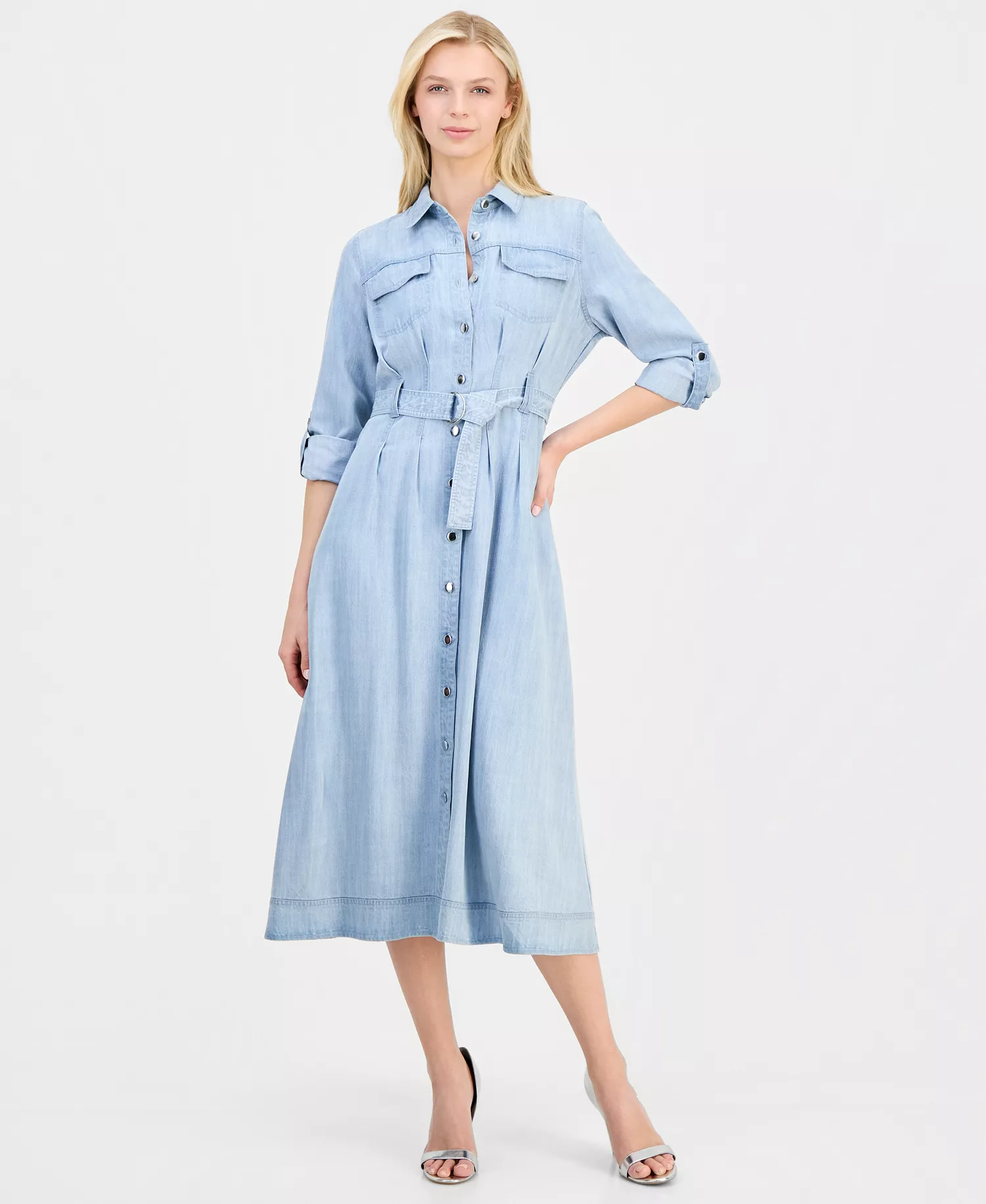 mni-25fc8d3b865b63bfc29aea62ab46afed Women's Roll-Sleeve Denim Midi Shirtdress