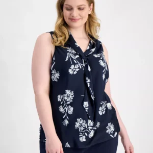 Plus Size Sailor Tie-Neck Sleeveless Blouse