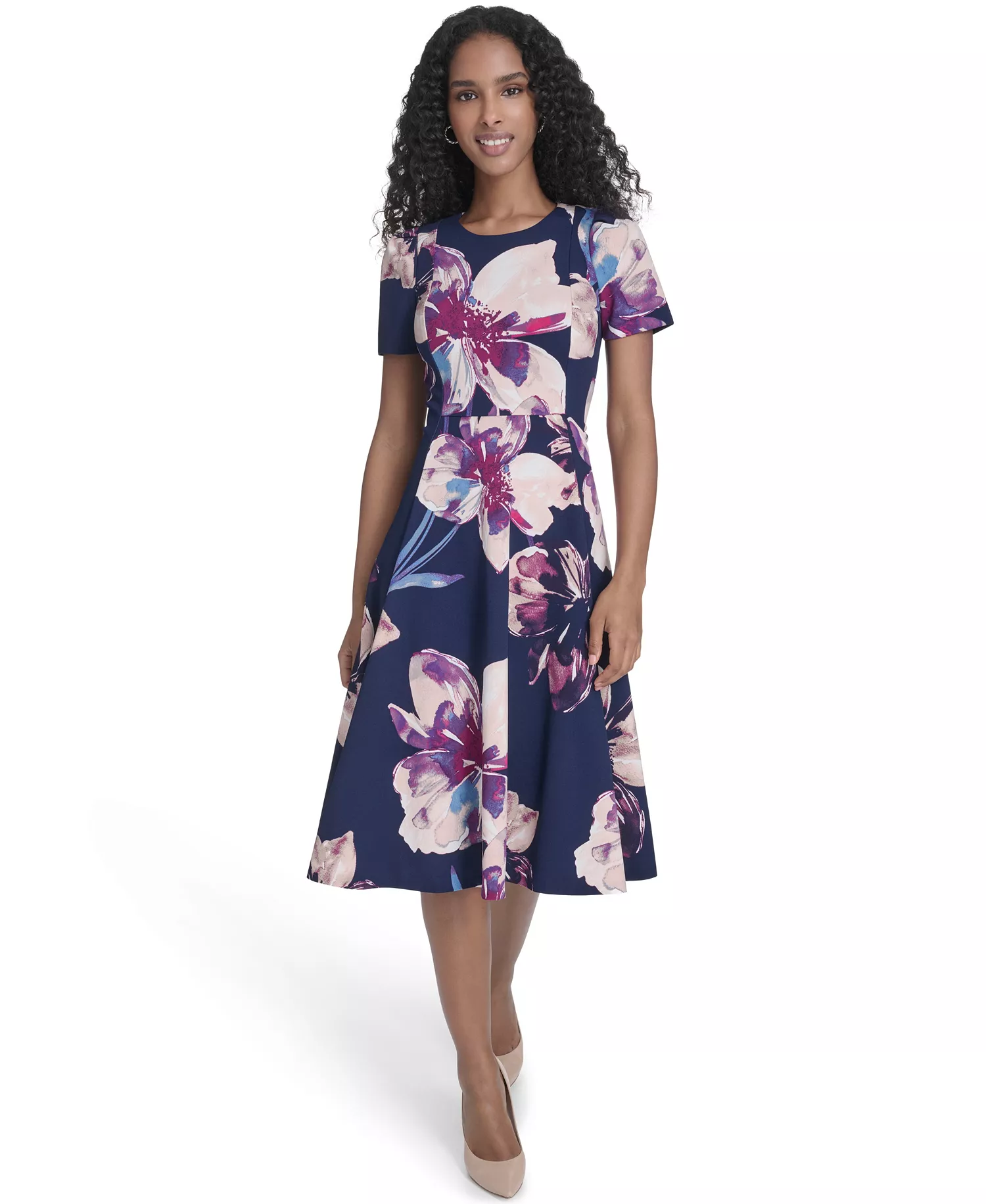 mni-2a1c6eb335f77dac4ff87e372968e2b8 Women's Printed Crew Neck Midi Dress