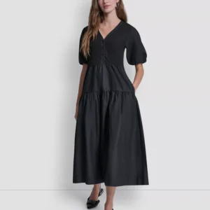 Women's Rib Henley Puff-Sleeve Midi Dress