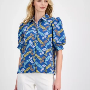 Women's Embroidered Puff-Sleeve Button-Front Blouse