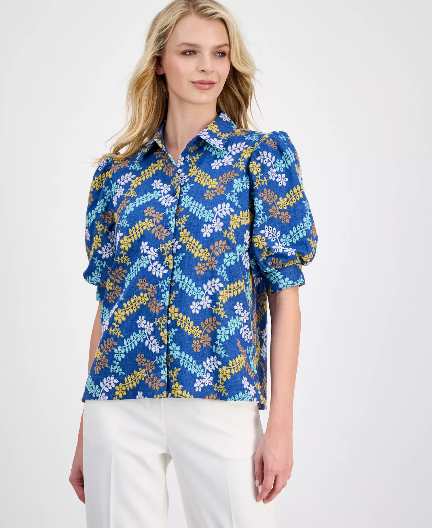 mni-2f367d31942eef38a1adf48454c88c19 Women's Embroidered Puff-Sleeve Button-Front Blouse