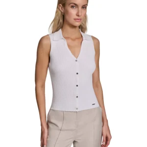 Women's Sleeveless Button-Front Collared Sweater