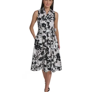 Women's Floral Sleeveless Collared Midi Shirtdress