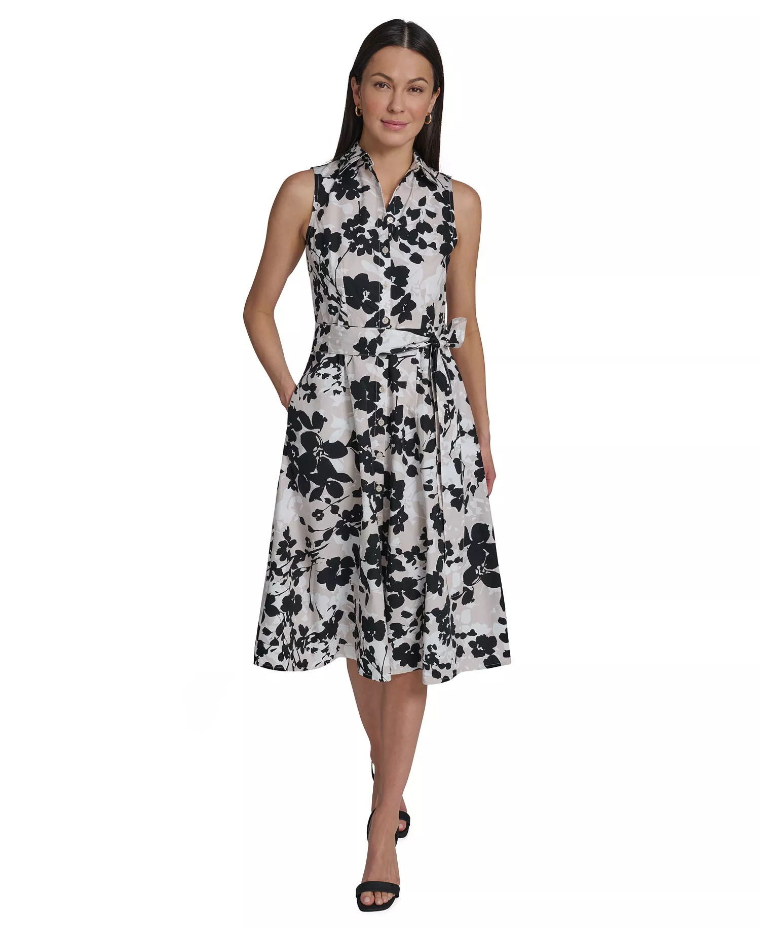 mni-3042537556aa3d14f8bbce0bf53b3dd9 Women's Floral Sleeveless Collared Midi Shirtdress
