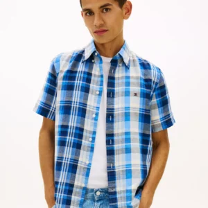 Men's Check Plaid Linen-Blend Short-Sleeve Shirt