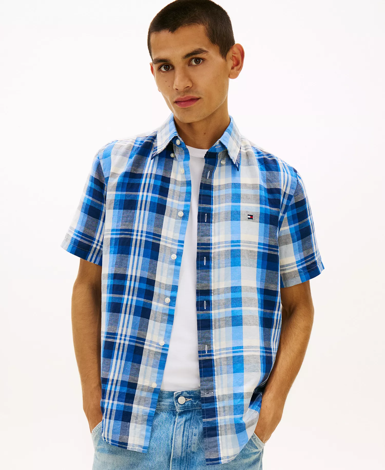mni-3185b199e4954803f134f21013fdf9a0 Men's Check Plaid Linen-Blend Short-Sleeve Shirt