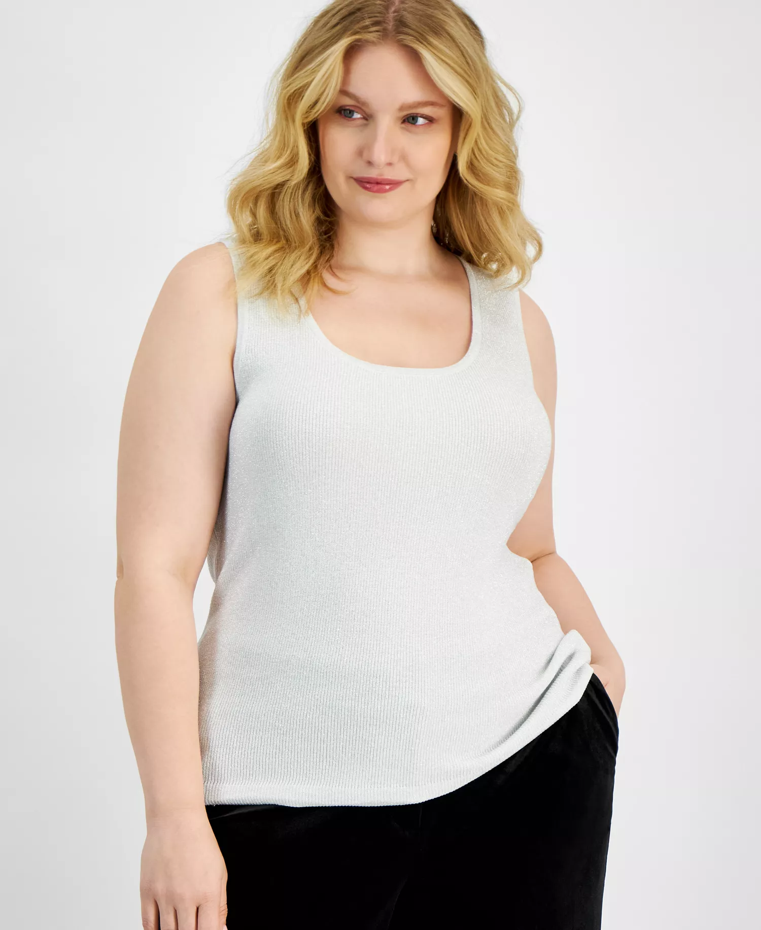 mni-34667d6984df90f3c5400566cef94ab0 Plus Size Metallic Rib-Knit Scoop-Neck Tank