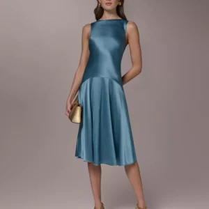 Women's Silk Sleeveless Boat Neck Midi Dress