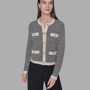 Women's Striped Crewneck Cardigan Sweater