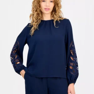 Women's Embroidered-Sleeve Crewneck Blouse