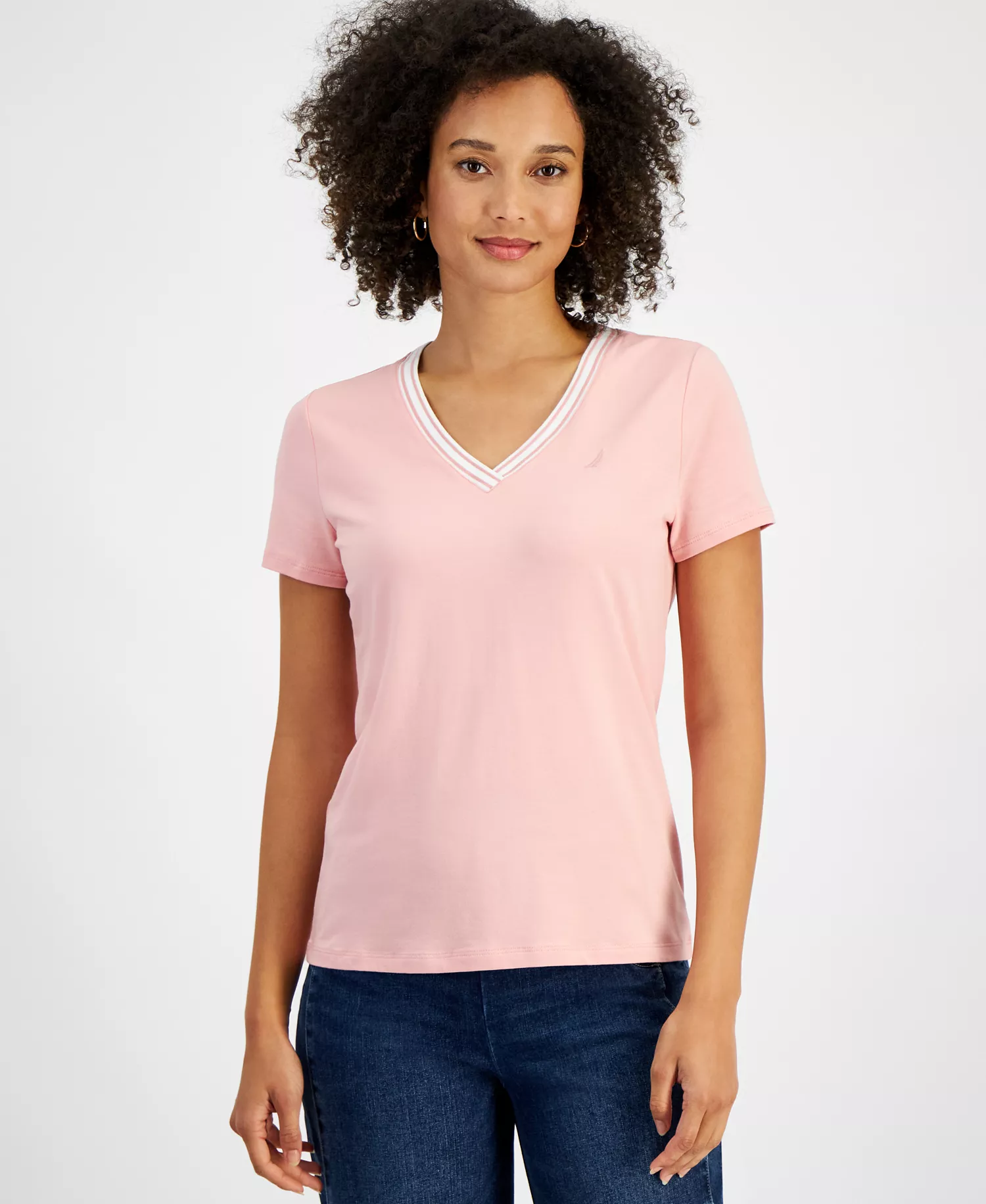 mni-387d657c3fc8b03196f3337ff3c73b08 Women's Solid Stripe-Trim V-Neck — изображение 7