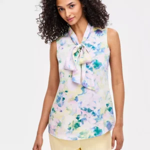 Women's Printed Tie-Neck Sleeveless Blouse