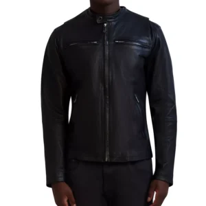 Paris Men's Band-Collar Distressed Leather Jacket