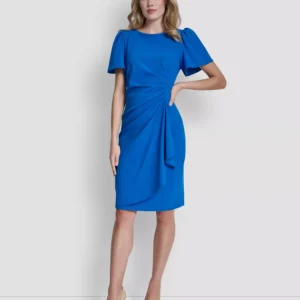 Women's Short-Sleeve Scuba Crepe Ruched Sheath Dress