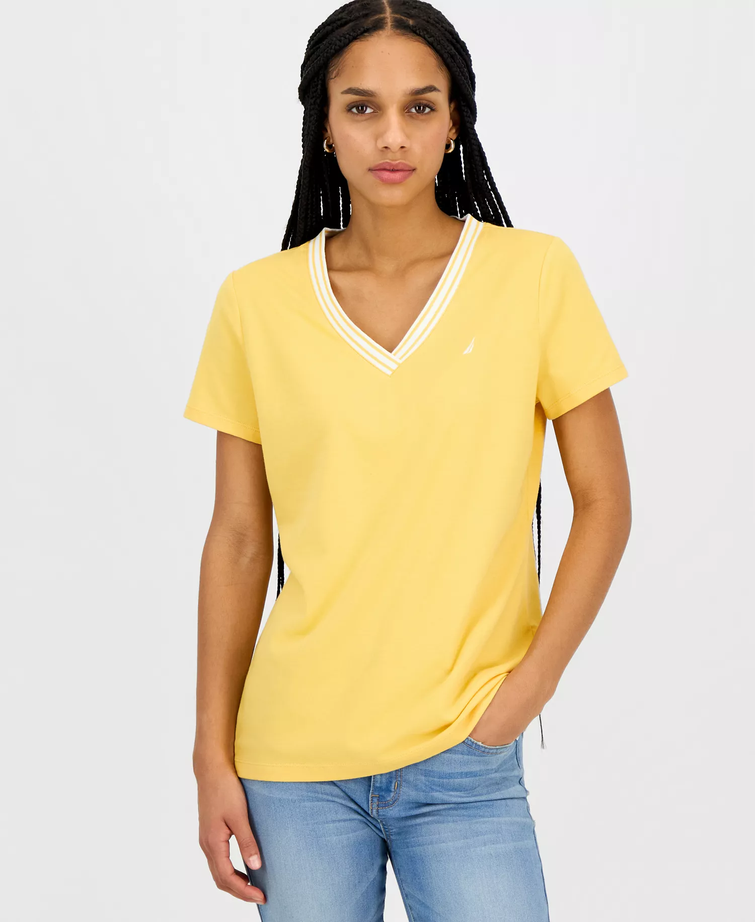 mni-3a9ff600ce9432da86983d9e4cbdf35e Women's Solid Stripe-Trim V-Neck — изображение 9