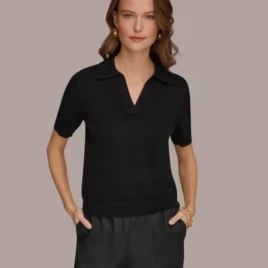 Women's Cotton Cashmere Polo Sweater with Elbow-Sleeve