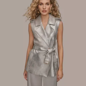 Women's Notch Lapel Collar Metallic Belted Vest