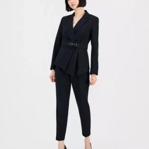 Women's Belted Asymmetrical Jacket & Slim-Fit Pantsuit Set