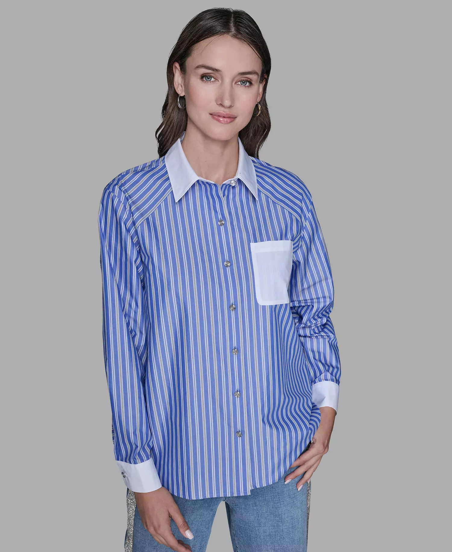 mni-405027ec53b92c6d235b65ba4c37564f Women's Stripe Contrast Front Button Collar Blouse