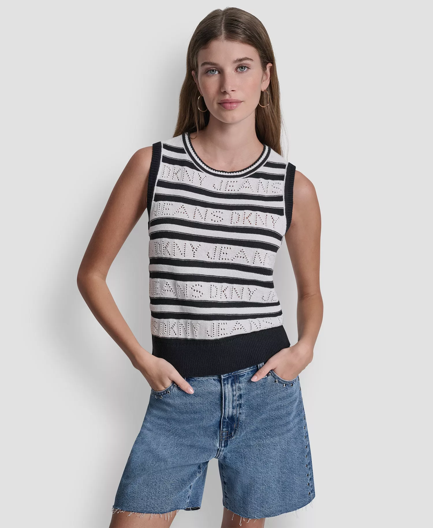 mni-42153b5506f33547be51fd090750ac7e Women's Sleeveless Logo Pointelle Striped Sweater