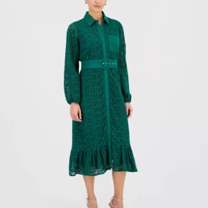 Women's Cotton Belted Lace Midi Dress