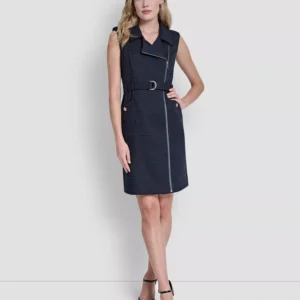 Women's Sleeveless Zipper Front Belted Jacket Dress