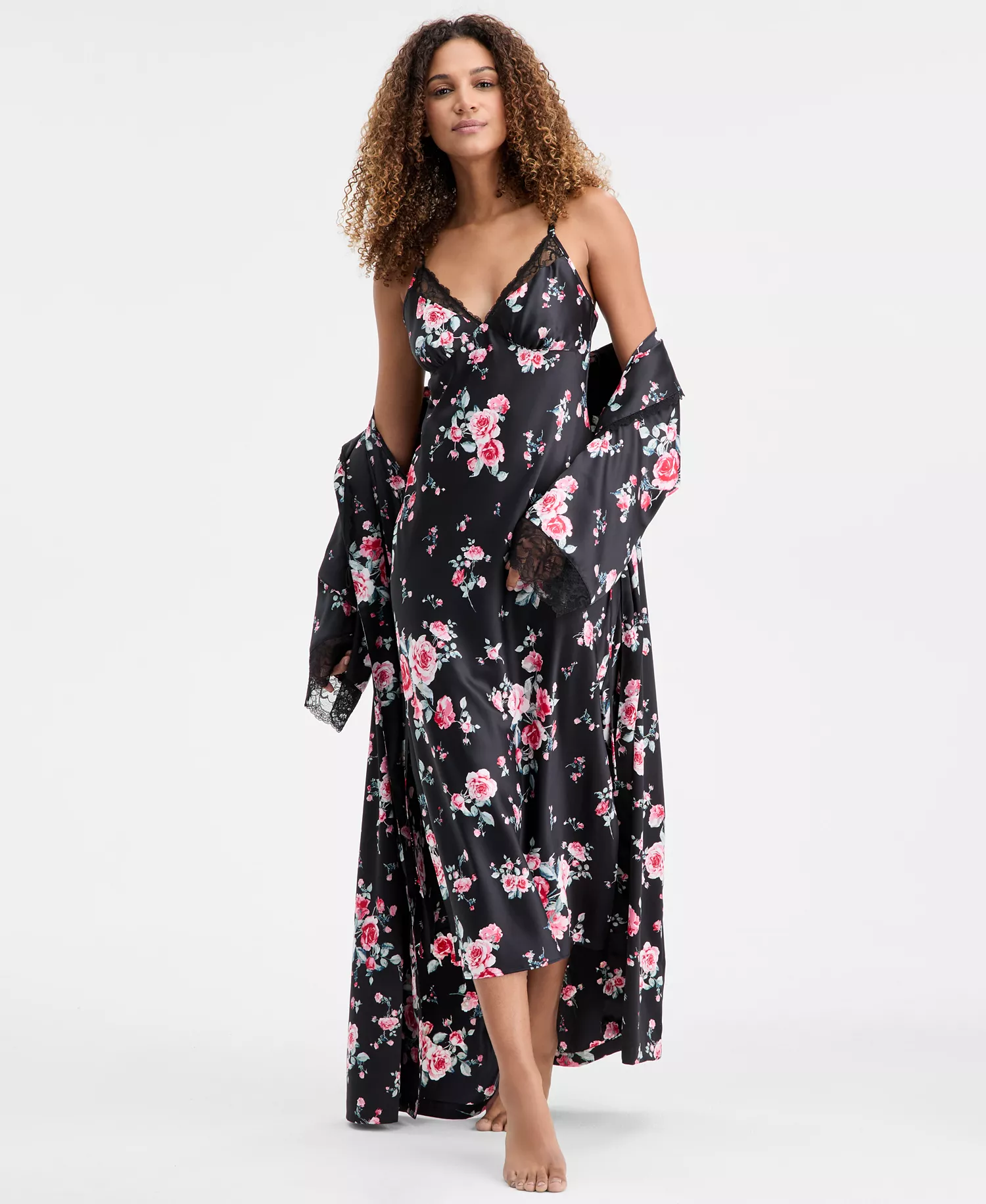 mni-436d3738f89892477fb277f6de106322 Women's Printed Lace Trim Shawl Collar Robe, Created for Macy's