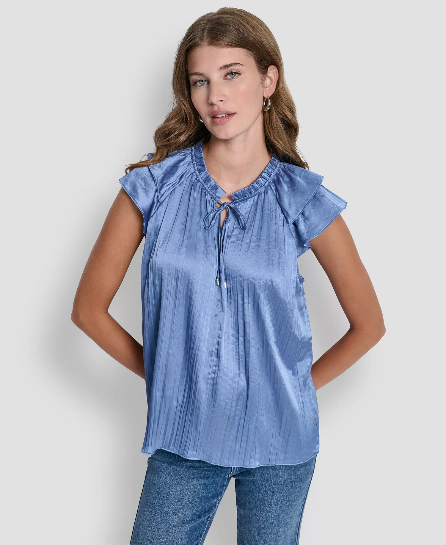 mni-43e09aecab0c71f03652d1beadd5c4da Women's Short-Sleeve Pleated Tie-Front Blouse