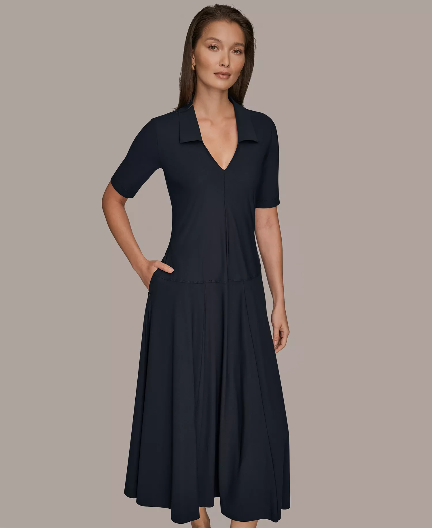 mni-448695b9c10096488df803393e5f43b2 Women's 4-way Stretch Knit Elbow-Sleeve Polo Dress