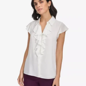 Women's Collared Ruffled Short-Sleeve Blouse