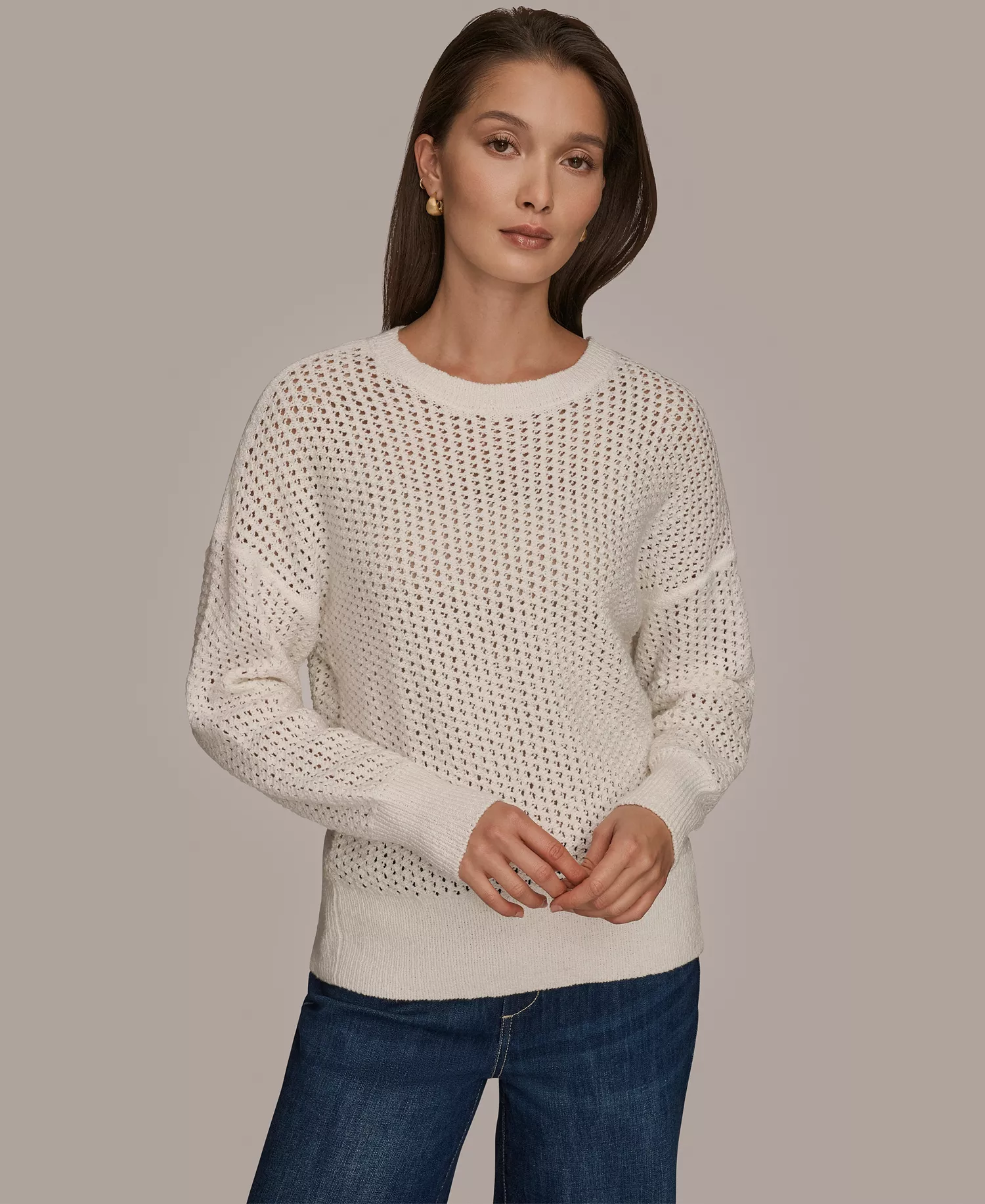 mni-46111258f446c05f35f2d4f50cf6a80e Women's Bracelet Sleeve Open Stitch Cotton Blend Crewneck Sweater