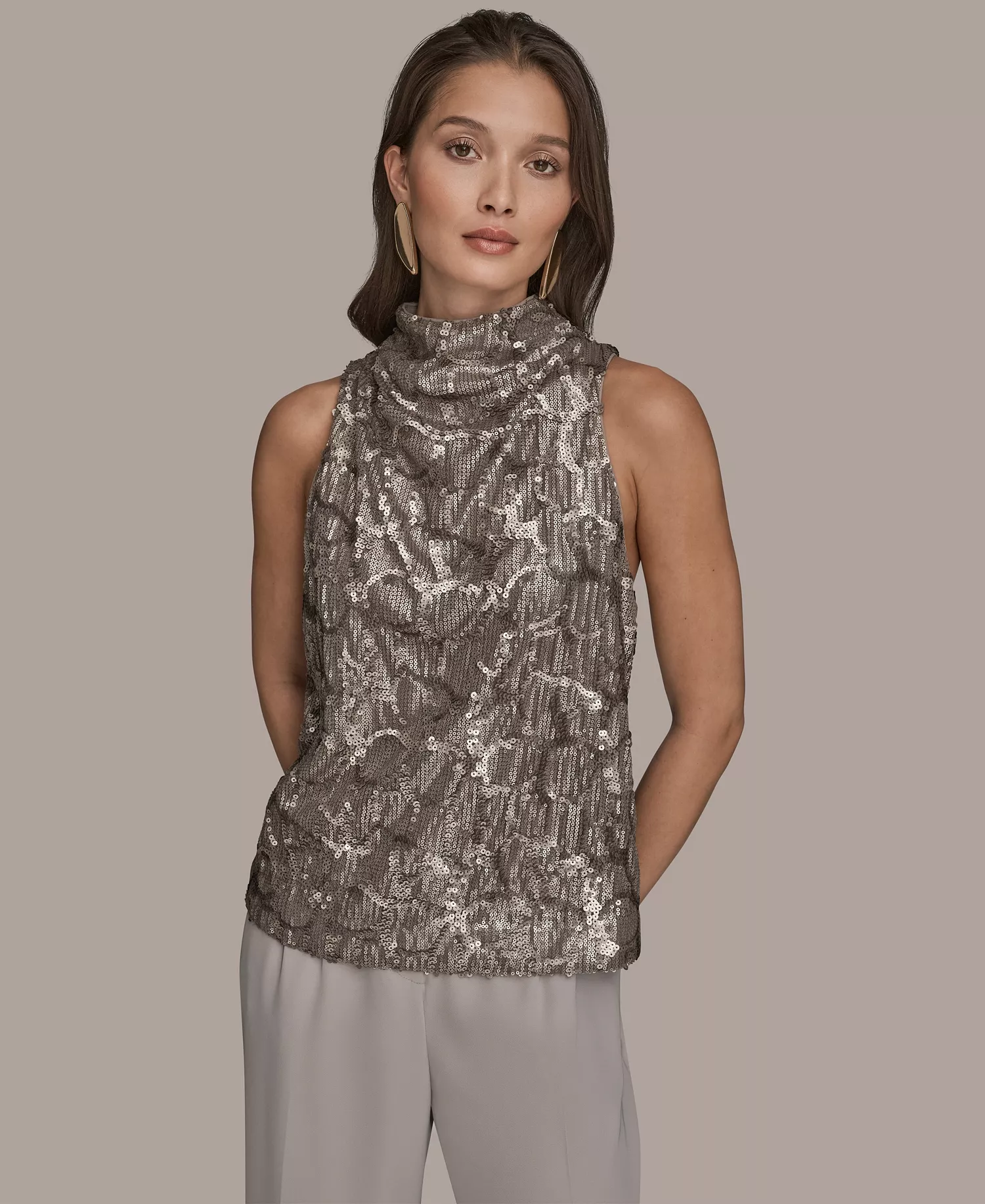mni-4a02ab81baa77844413b2f8fd43f30d1 Women's Sequined Cowl Neck Top