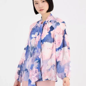 Women's Tie-Neck Blouson-Sleeve Blouse