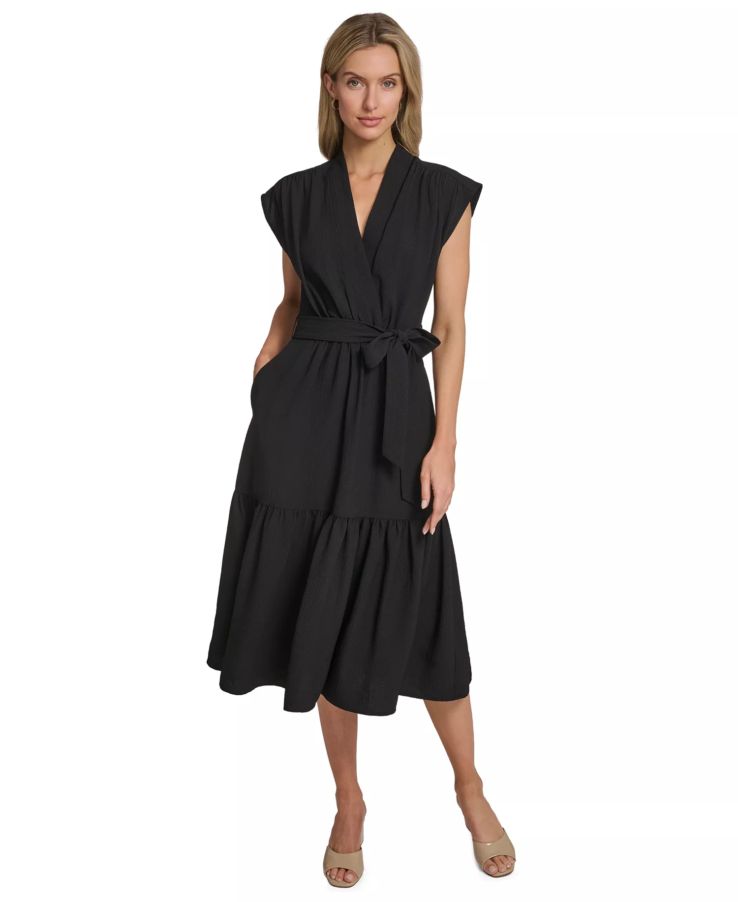 mni-4b8c3cdcaaa7a01bbc0a57467f06f0cc Women's Tiered Belted Surplice Dress