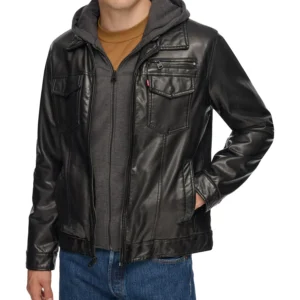 Men's Fleece Hood Faux Leather Jacket