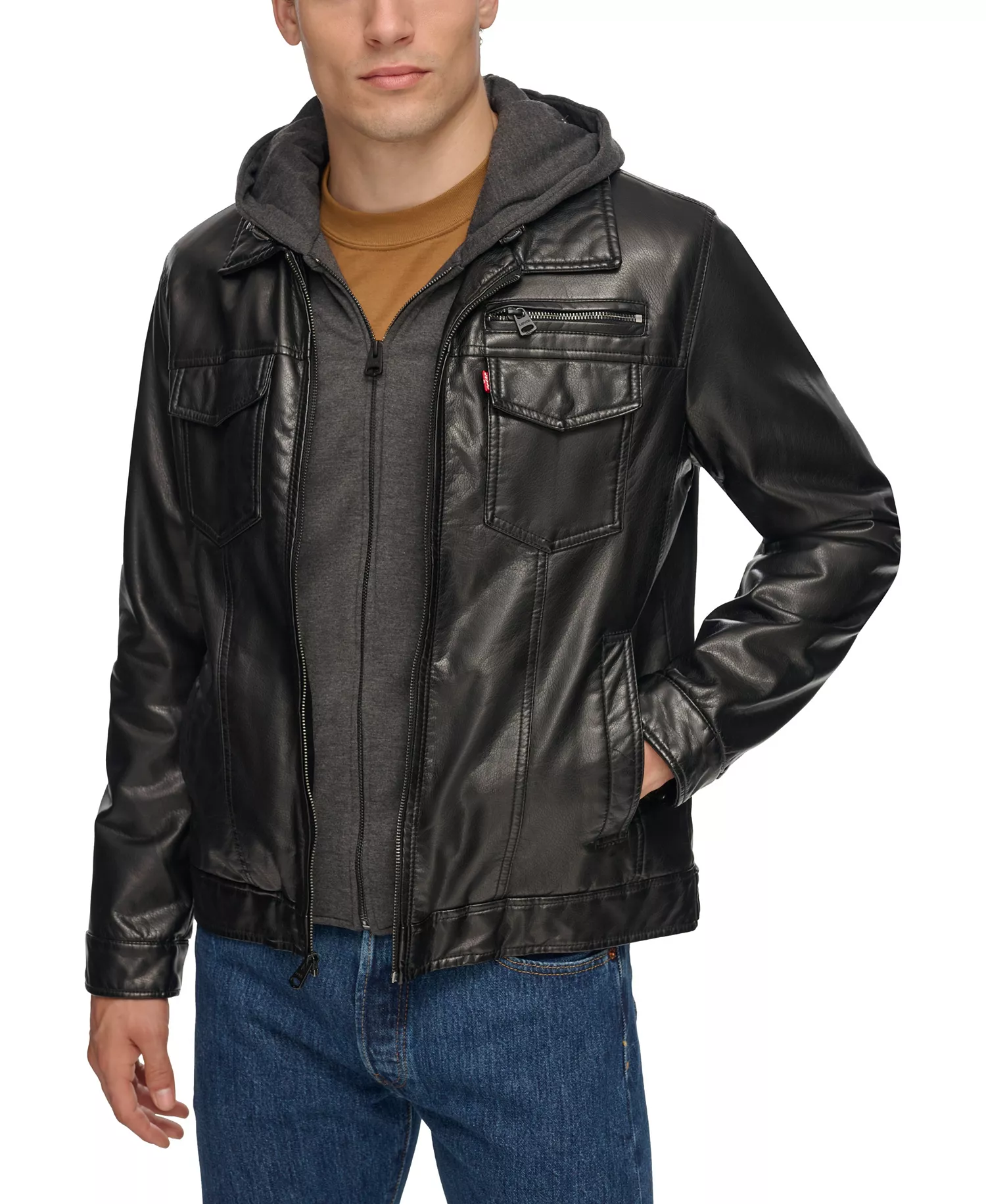 mni-4cbe93a7adbb9756919ecf6404dc44b7 Men's Fleece Hood Faux Leather Jacket