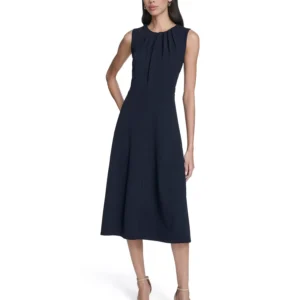Women's Pleat Detail Crew Neck Midi Dress