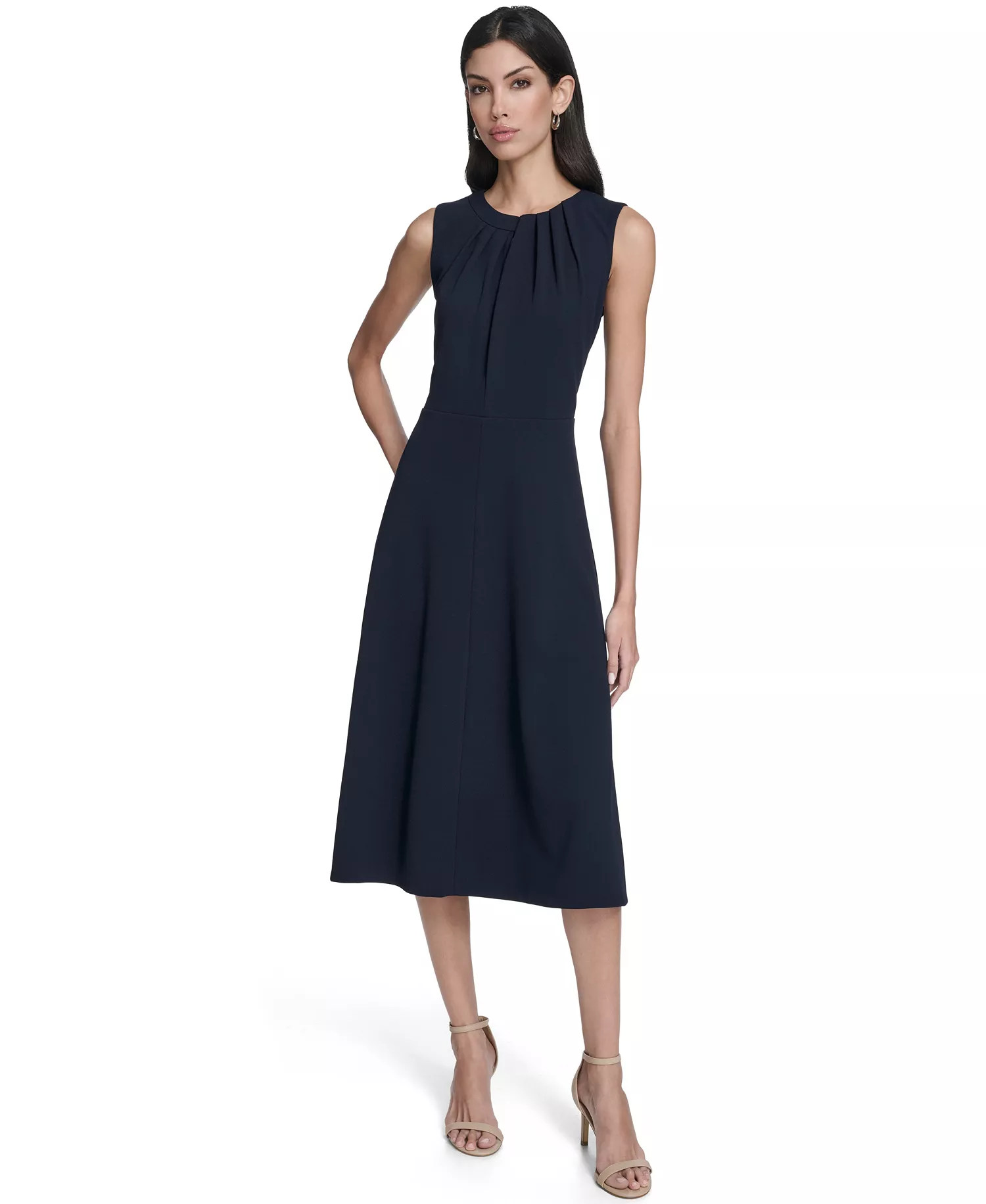 mni-4d7d20ce69fc5405a02dc3d77bd6e274 Women's Pleat Detail Crew Neck Midi Dress
