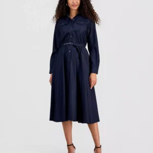 Women's Belted Button Long-Sleeve Fit & Flare Dress