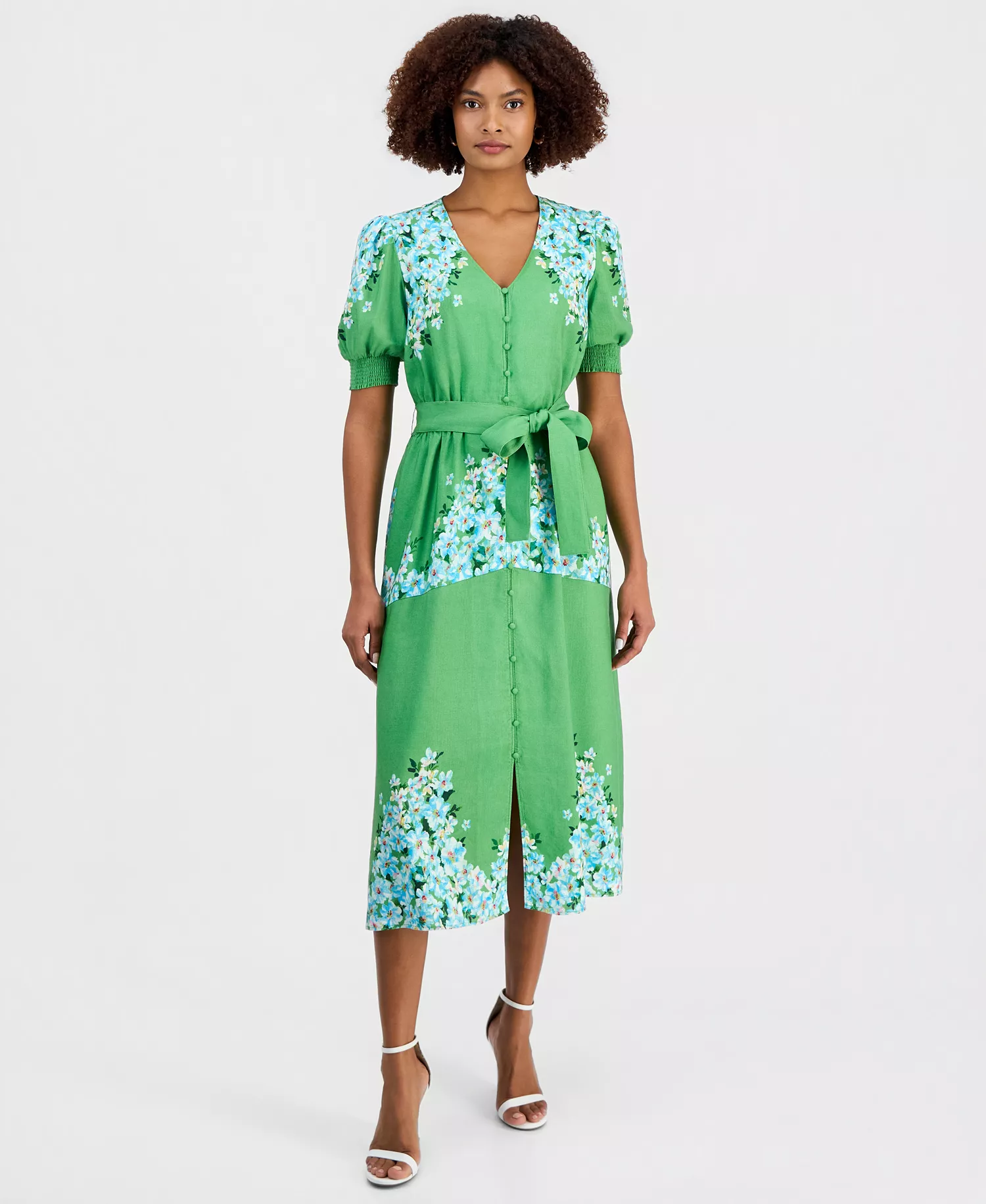 mni-4f71375f9762b3ab7983de10f6ebb6a2 Women's Belted Printed Button-Front Midi Dress