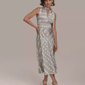 Women's Dot-Print Tie-Neck A-Line Dress