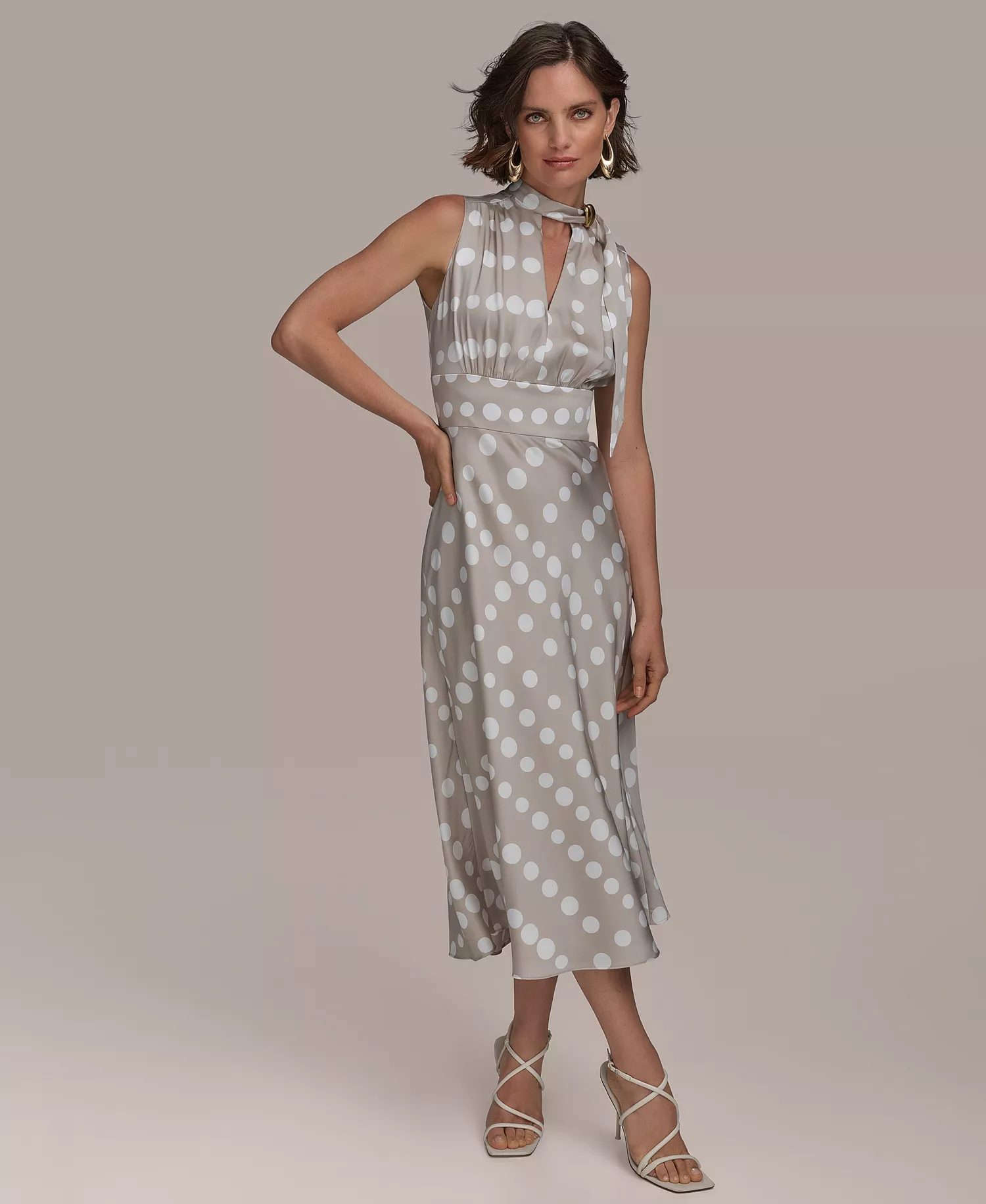 mni-4fa90aeddee3ef057bcb3b07d9fd7f48 Women's Dot-Print Tie-Neck A-Line Dress