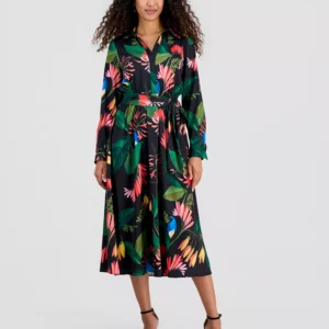 Women's Floral-Print Tie-Belt Fit & Flare Dress