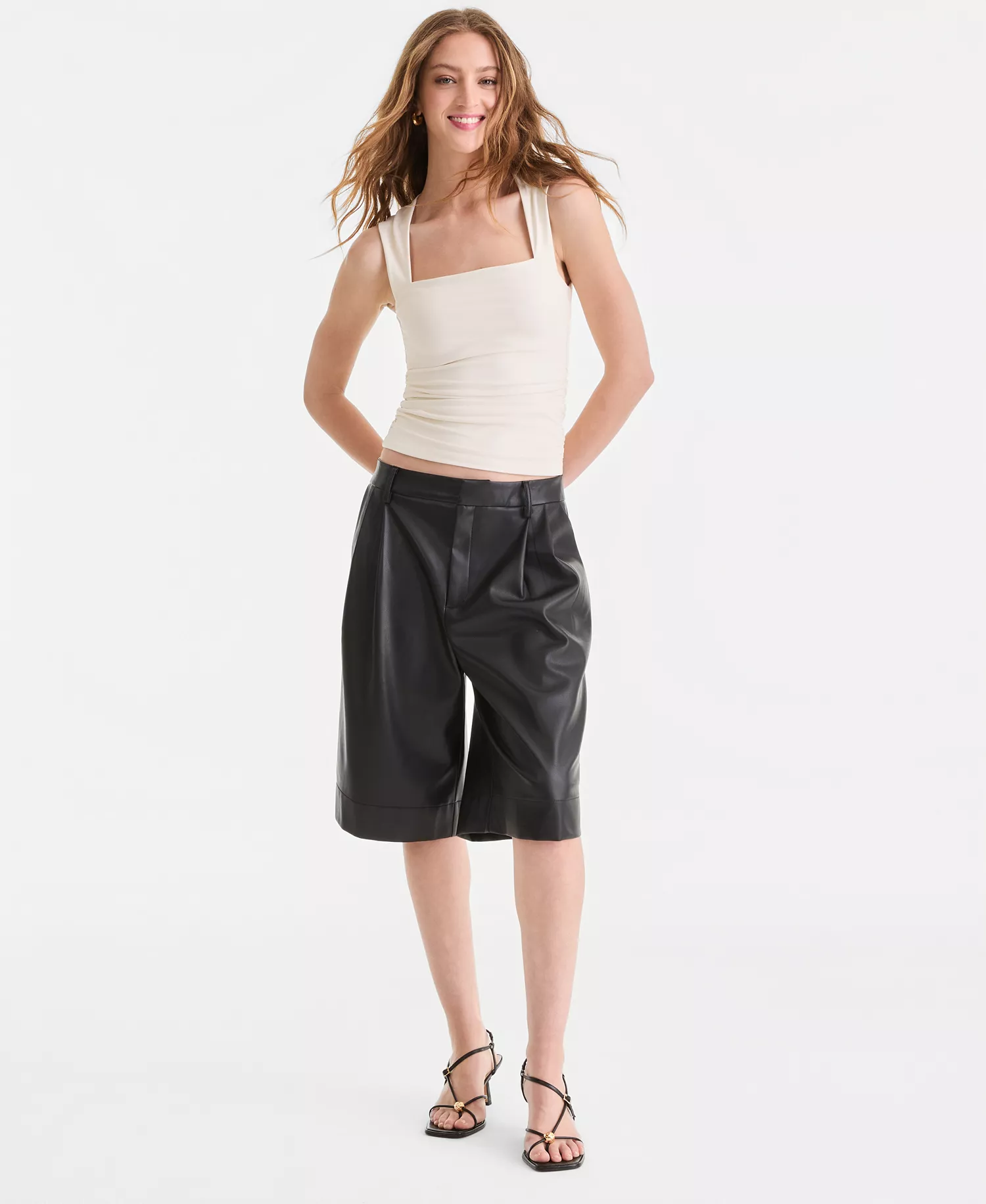 mni-51774a69efddfbb7f3d39cc2d6a00635 Women's Faux-Leather Pleated Bermuda Shorts, Macy's Exclusive