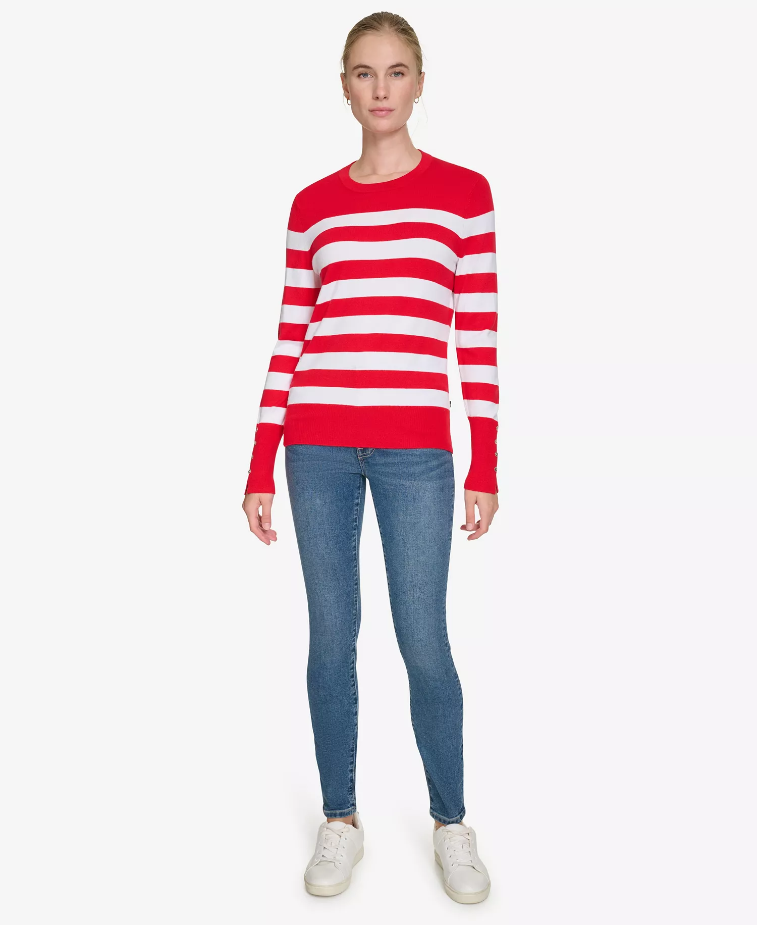 mni-536d0b04eba5d815d1f5486f91156dee Nautica Women's Crewneck Stripe Sweater with Button Sleeve