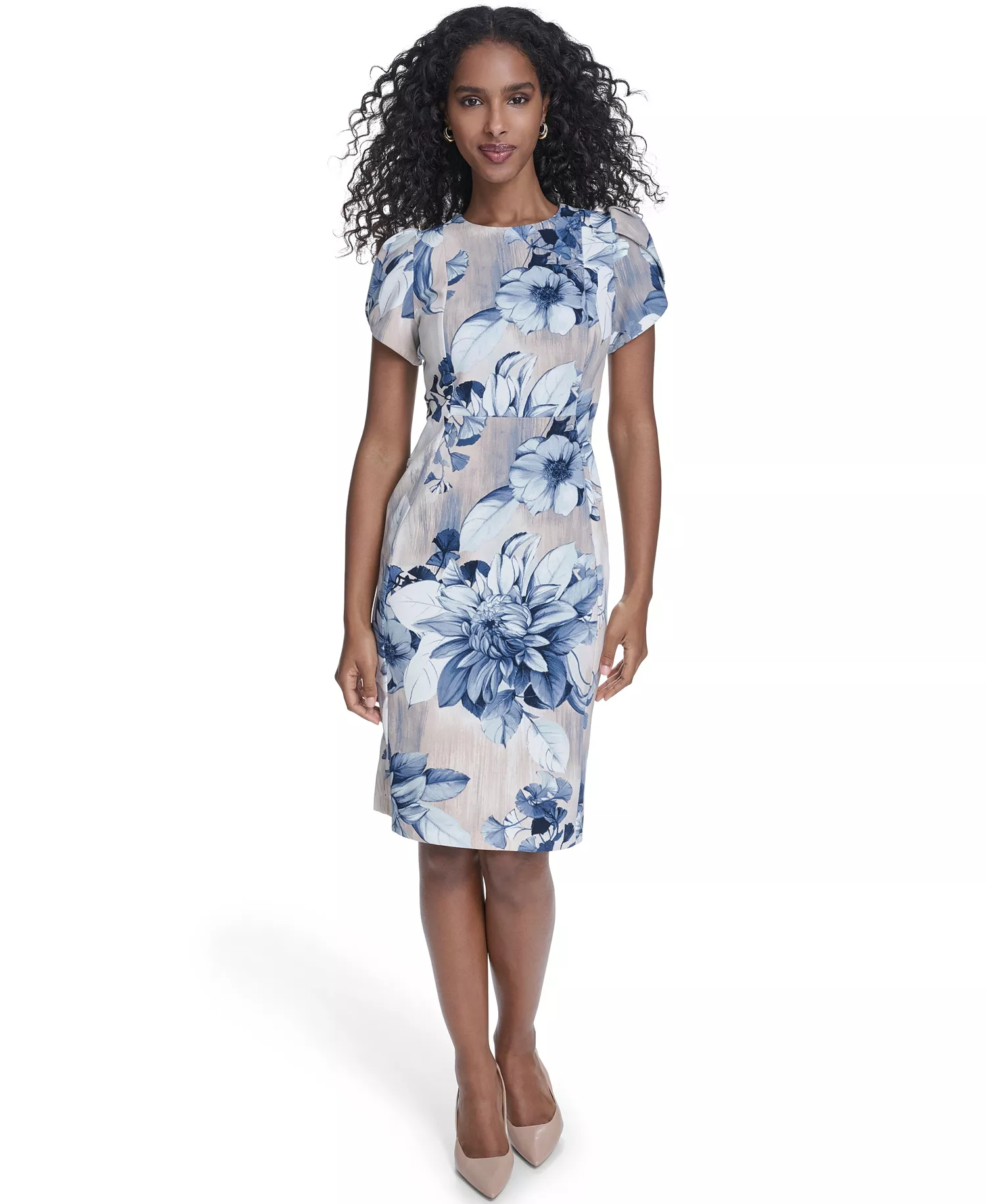 mni-539976b4adea572fd70478e068a0c7b3 Women's Printed Tulip Short-Sleeve Sheath Dress