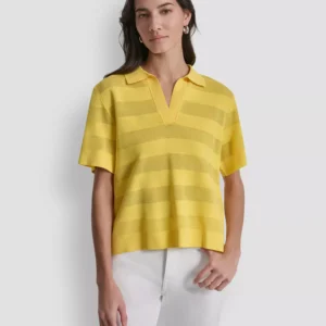Women's Sheer Striped Collared Short-Sleeve Polo Shirt
